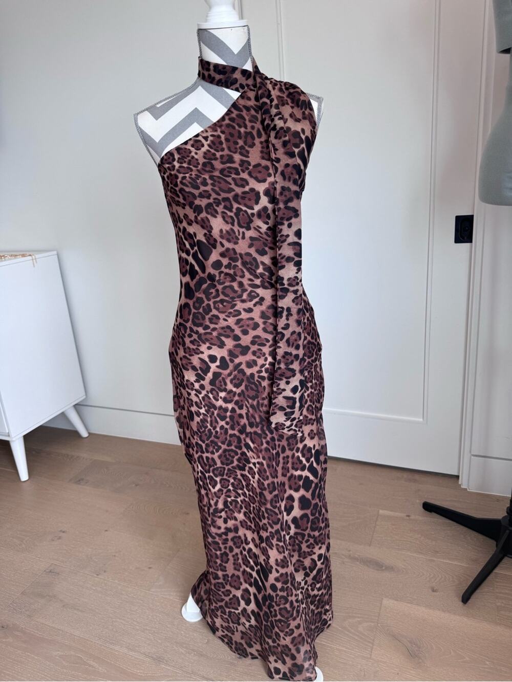 Leopard Print One-Shoulder Maxi Dress - Brown